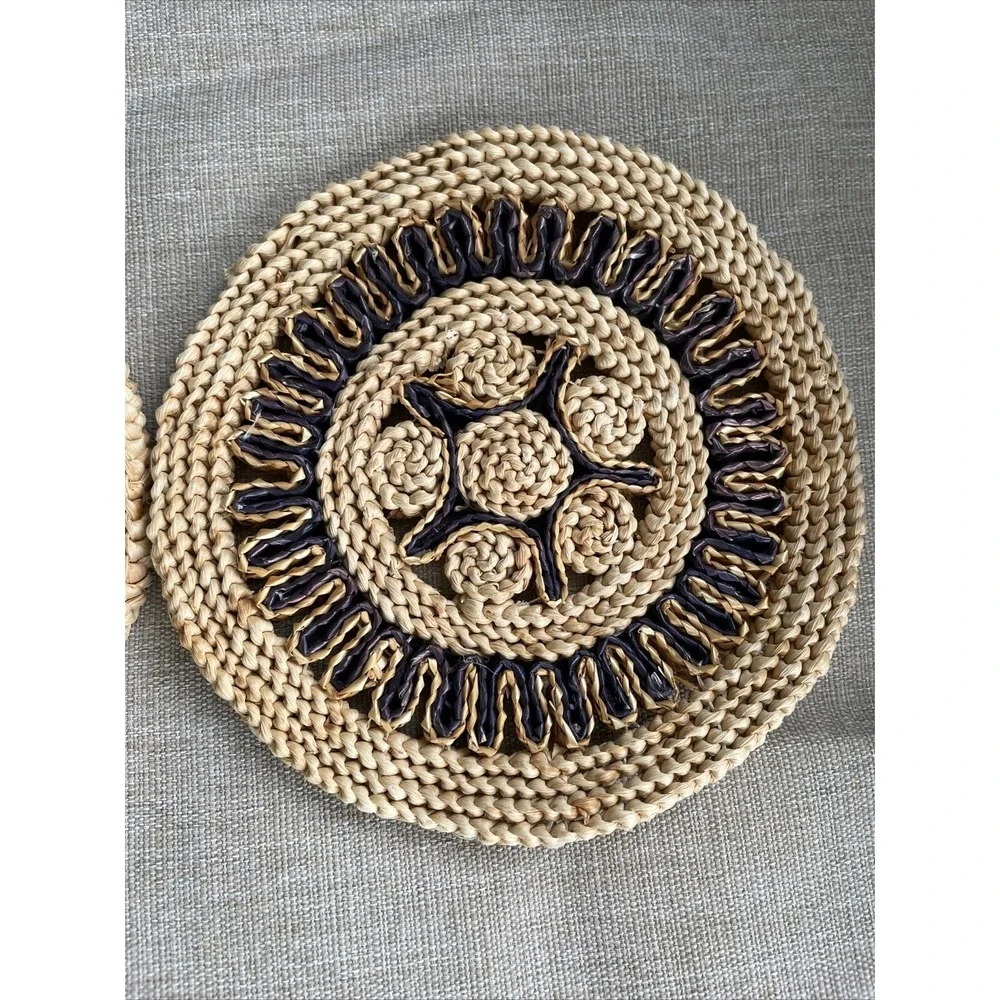 VINTAGE Wicker Straw Trivet Hot Pad Woven Rattan Raffia Boho Set Of 2